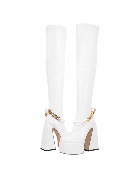 Square Toe Metal Chain Chunky Thigh Boots