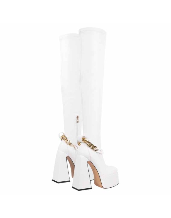 Square Toe Metal Chain Chunky Thigh Boots