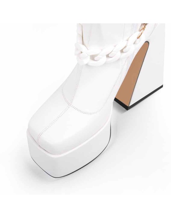 Square Toe Metal Chain Chunky Thigh Boots