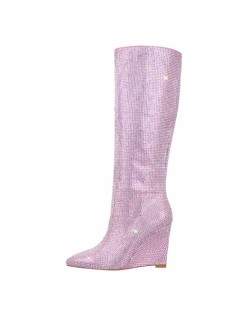 Rhinestone Wedge Heel Knee High Boots