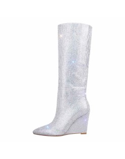 Rhinestone Wedge Heel Knee High Boots
