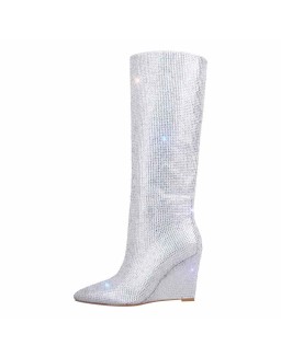 Rhinestone Wedge Heel Knee High Boots