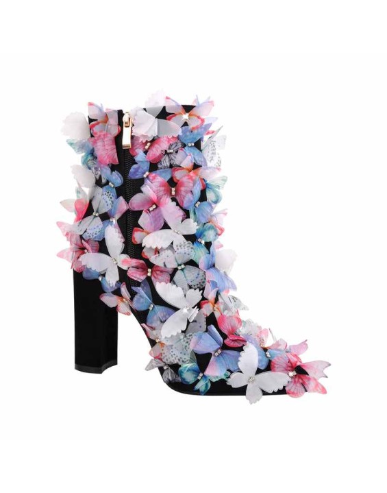 Butterfly Pointed Toe Chunky Heel Ankle Boots
