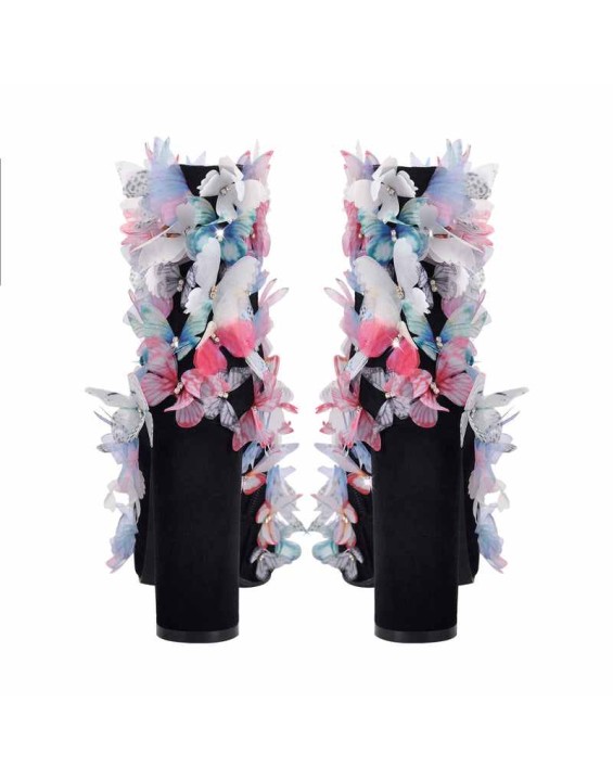 Butterfly Pointed Toe Chunky Heel Ankle Boots