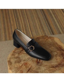 Square Toe Buckle Chunky Heel Pumps