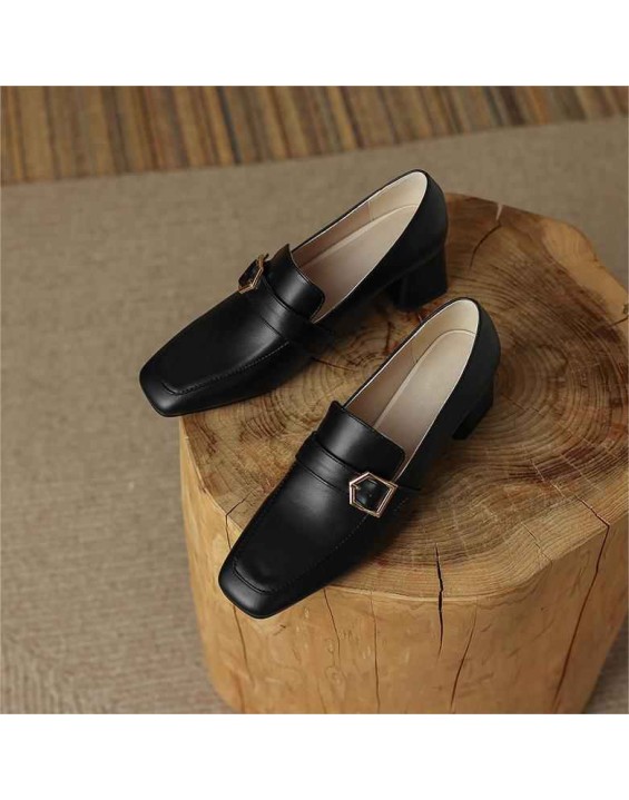 Square Toe Buckle Chunky Heel Pumps