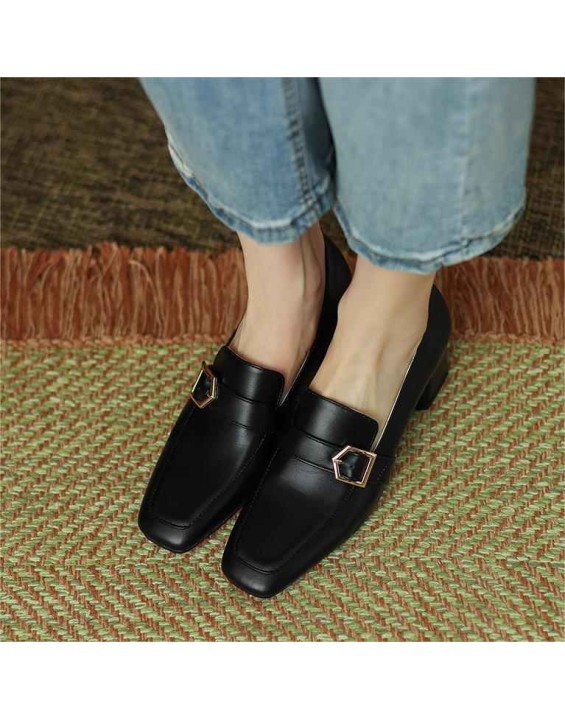 Square Toe Buckle Chunky Heel Pumps