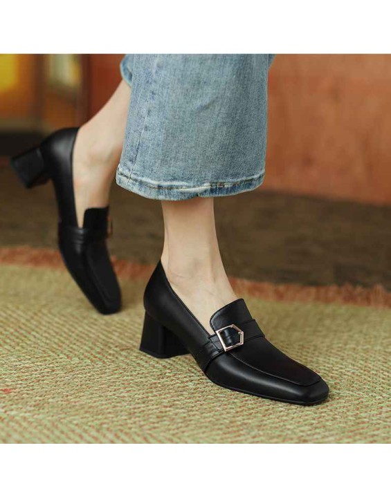 Square Toe Buckle Chunky Heel Pumps