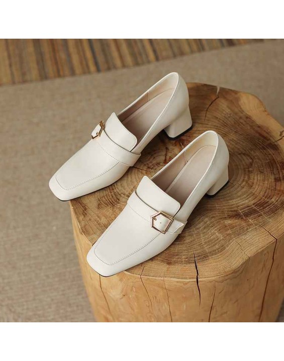 Square Toe Buckle Chunky Heel Pumps