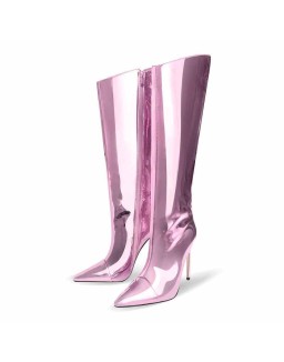 Pink Metallic Leather Stiletto Boots