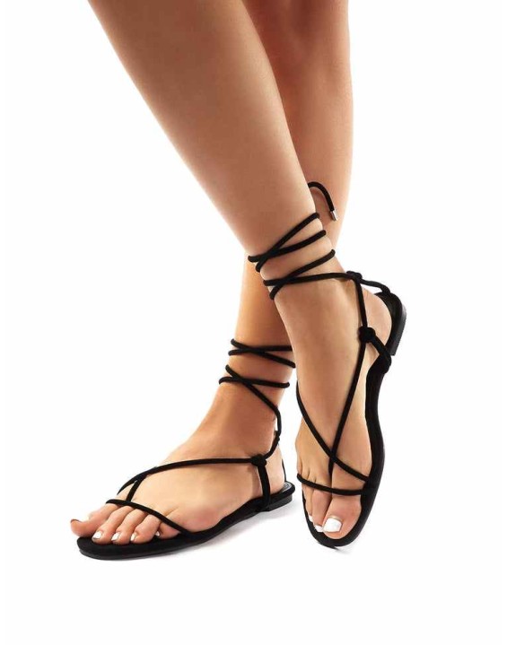 Miley Black Lace Up Flat Sandals