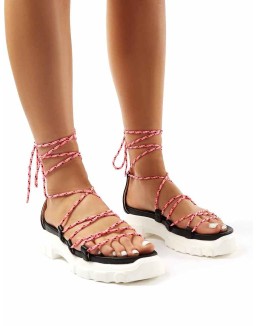 Dynamic Black Neon Pink Lace Up Chunky Sandals