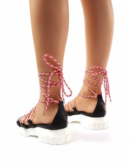 Dynamic Black Neon Pink Lace Up Chunky Sandals