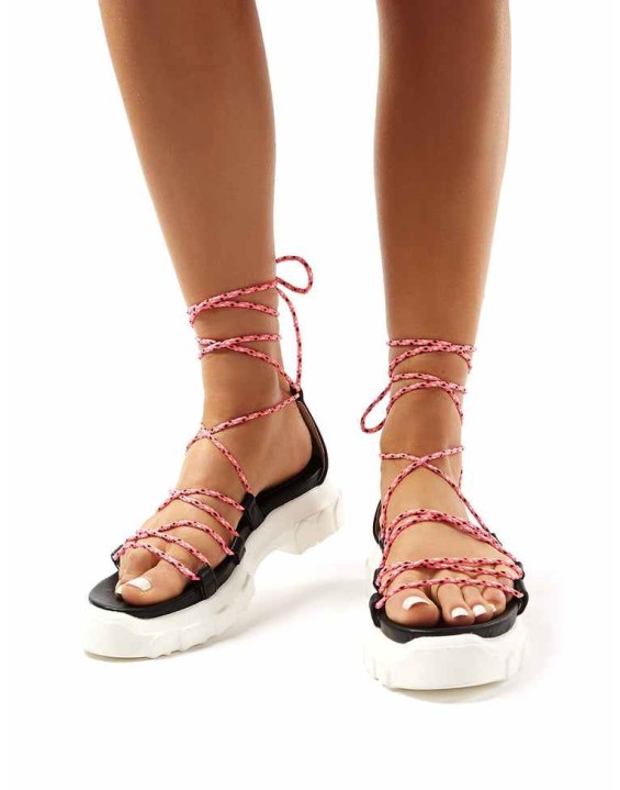 Dynamic Black Neon Pink Lace Up Chunky Sandals