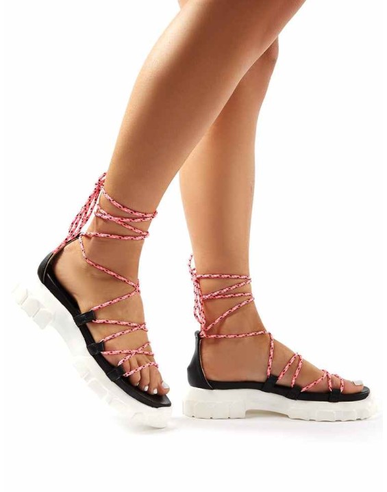 Dynamic Black Neon Pink Lace Up Chunky Sandals