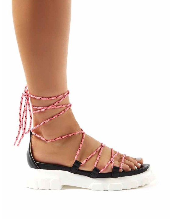 Dynamic Black Neon Pink Lace Up Chunky Sandals