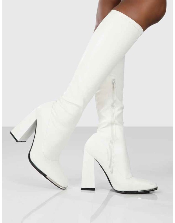 Caryn White PU White Heeled Knee High Boots