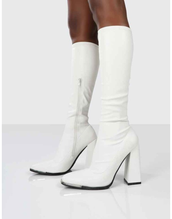 Caryn White PU White Heeled Knee High Boots