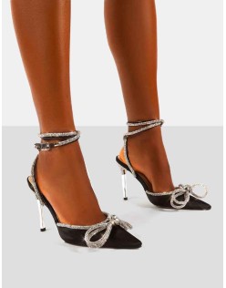 Midnight Black Wrap Around Diamante Bow Pointed Toe High Heel