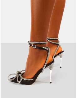 Midnight Black Wrap Around Diamante Bow Pointed Toe High Heel