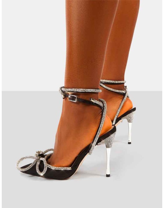 Midnight Black Wrap Around Diamante Bow Pointed Toe High Heel