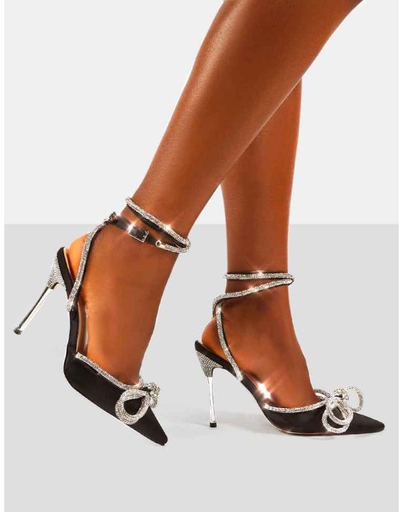 Midnight Black Wrap Around Diamante Bow Pointed Toe High Heel