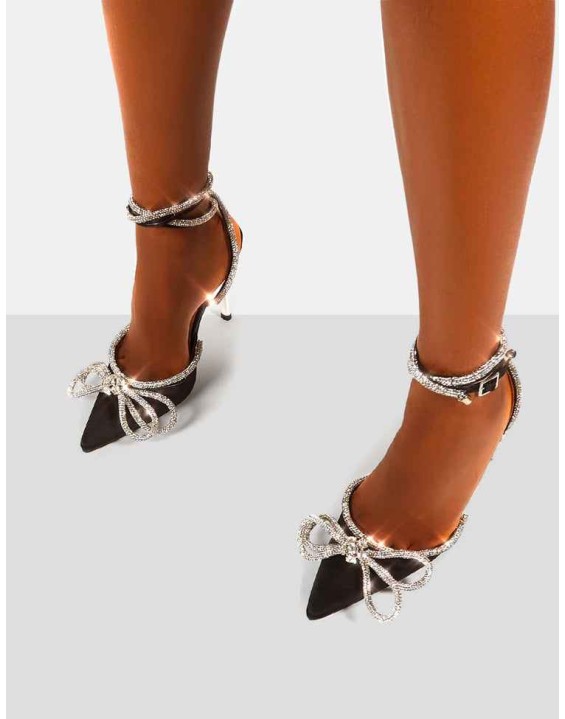 Midnight Black Wrap Around Diamante Bow Pointed Toe High Heel