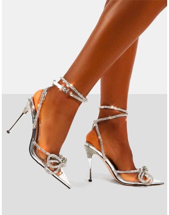 Midnight Clear Perspex Wrap Around Diamante Bow Pointed Toe High Heel