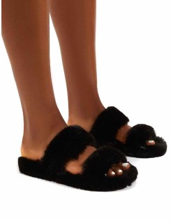 Teddi Black Fluffy Double Strap Slider Faux Fur Slipper
