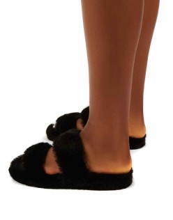 Teddi Black Fluffy Double Strap Slider Faux Fur Slipper