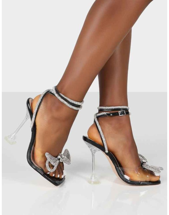 Glimmer Black Wrap Around Diamante Bow Square Toe Heels