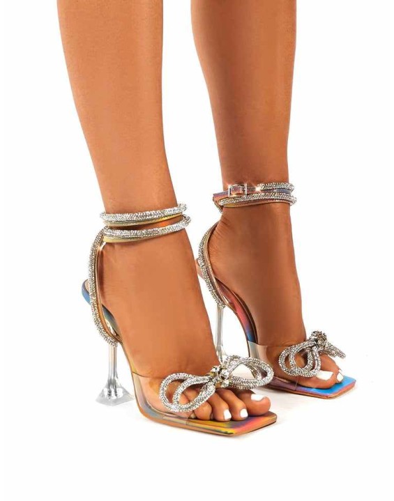 Glimmer Multi Holographic Wrap Around Diamante Bow Square Toe Heels