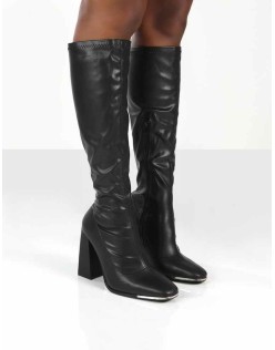 Caryn Black PU Knee High Block Heeled Boot