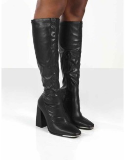 Caryn Black PU Knee High Block Heeled Boot