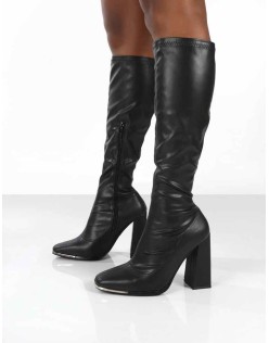 Caryn Black PU Knee High Block Heeled Boot