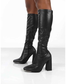 Caryn Black PU Knee High Block Heeled Boot