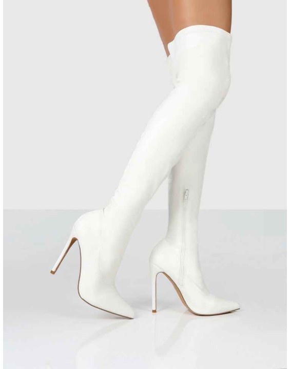 Confidence White Stiletto Heeled Over The Knee PU Boots