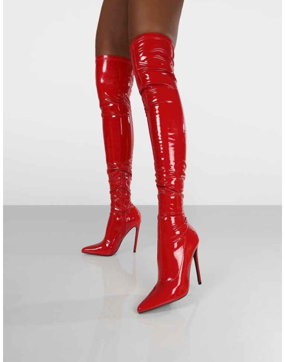 Confidence Red Patent Stiletto Heeled Over The Knee PU Boots