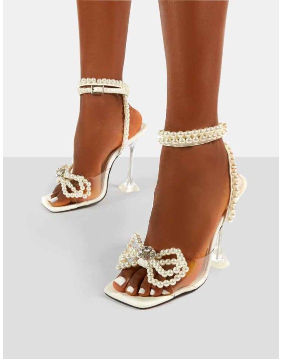 Glimmer White Wrap Around Pearl Detail Bow Square Toe Cake Stand Heels