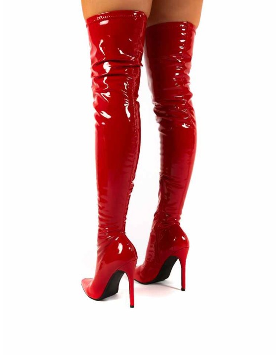 Confidence Wide Fit Red Patent Stiletto Heeled Over The Knee PU Boot