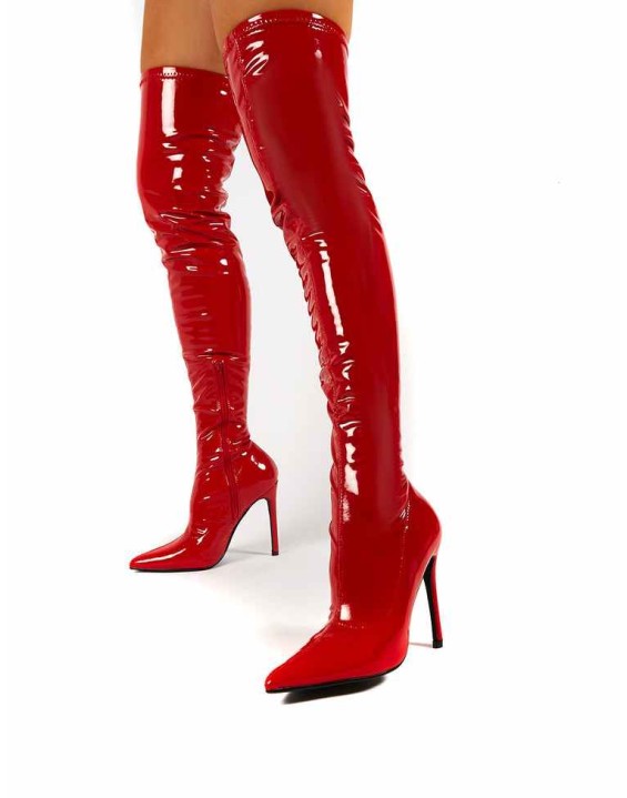 Confidence Wide Fit Red Patent Stiletto Heeled Over The Knee PU Boot