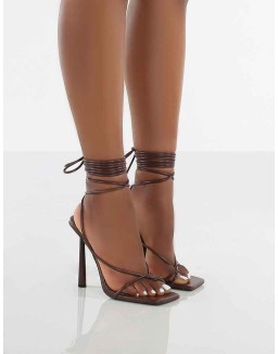 Lacey Chocolate Square Toe Strappy Lace Up Heels