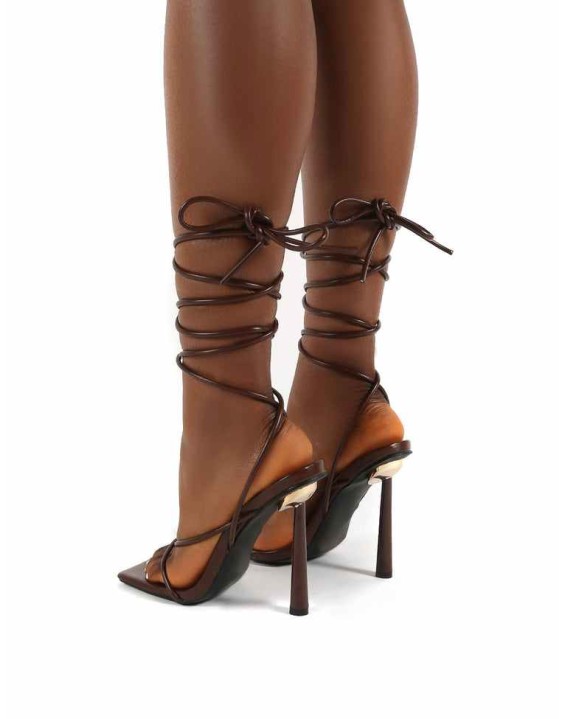 Lacey Chocolate Square Toe Strappy Lace Up Heels