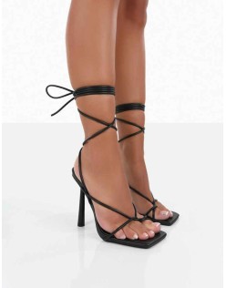 Lacey Black Square Toe Strappy Lace Up Heels