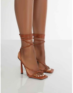 Lacey Tan Square Toe Strappy Lace Up Heels