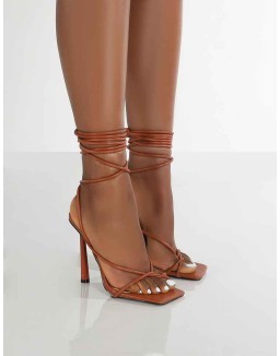 Lacey Tan Square Toe Strappy Lace Up Heels