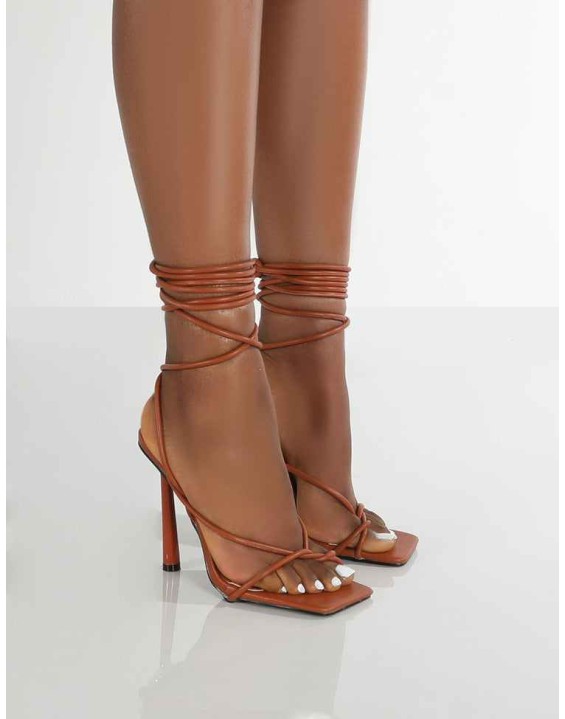 Lacey Tan Square Toe Strappy Lace Up Heels