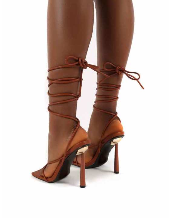Lacey Tan Square Toe Strappy Lace Up Heels