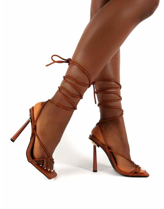 Lacey Tan Square Toe Strappy Lace Up Heels