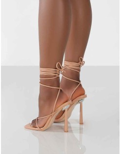 Lacey Nude PU Square Toe Strappy Lace Up Stiletto Heels